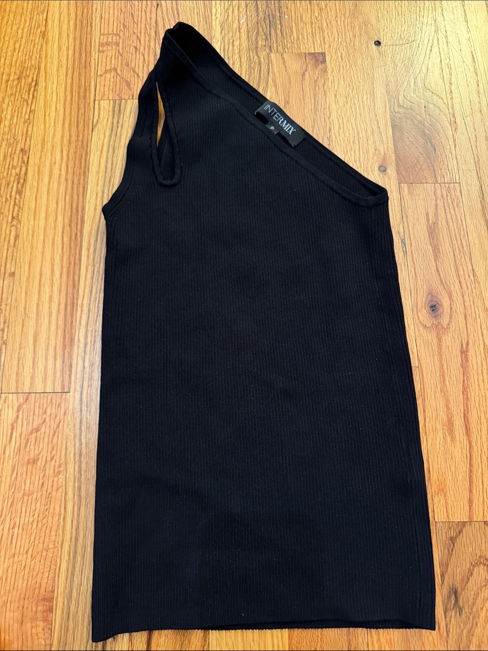INTERMIX Asymmetric One-Shoulder Black Ribbed Top